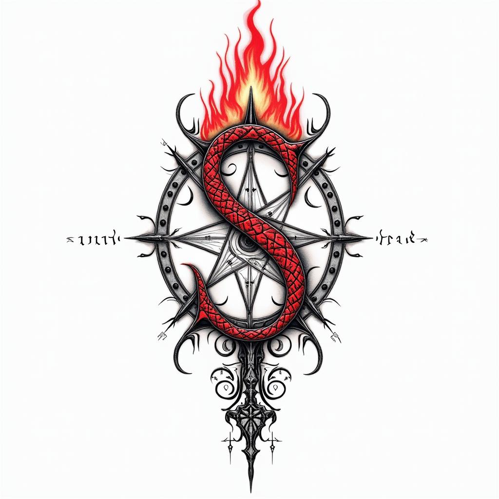 The word Jamie Burns in red writing with flames coming out the S in burnsin paganic style tattoo, featuring ancient symbols, add vegvisir symbol, mystical figures, incorporating designs, pentagrams, runes, crescent moons,