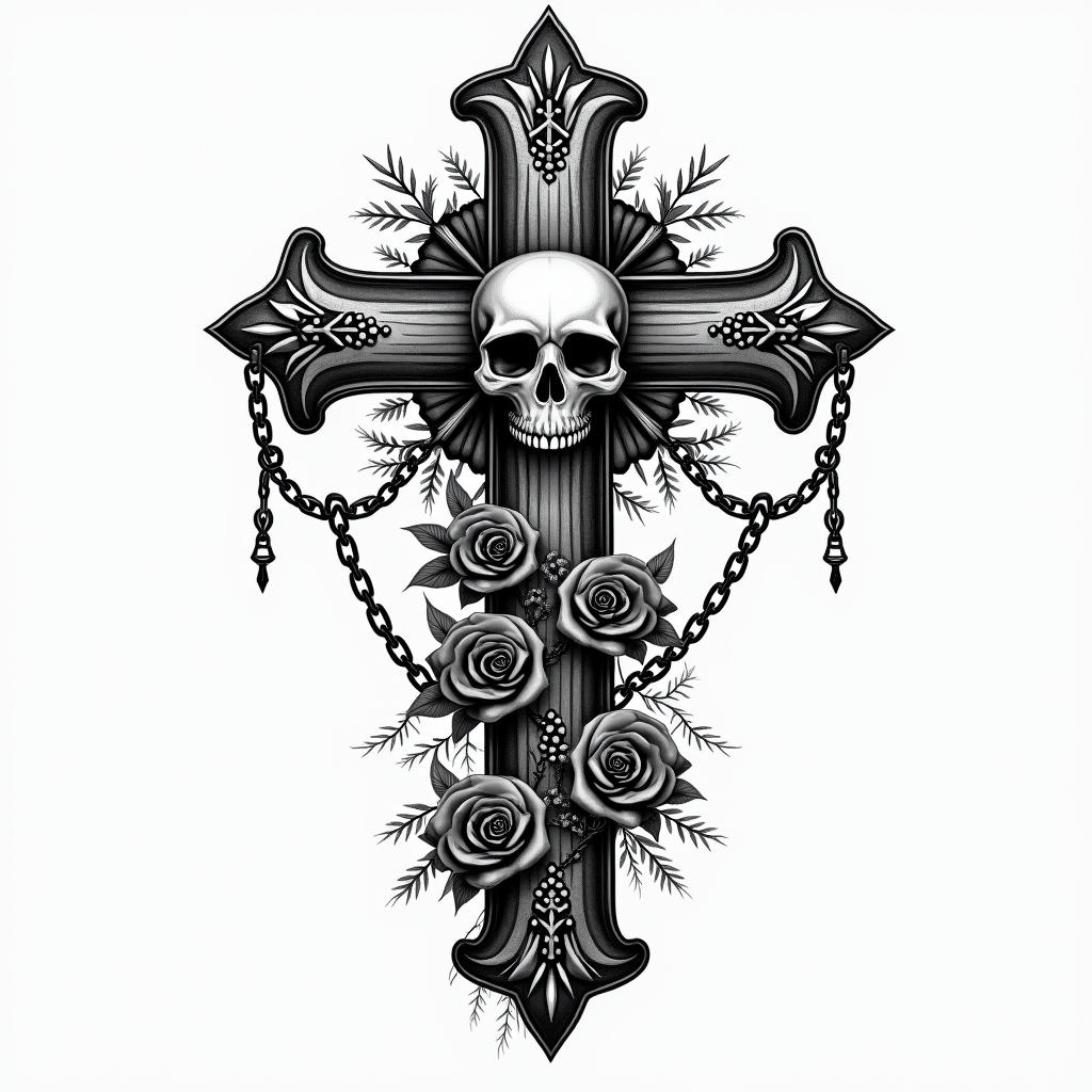 I am a Gemini and have a 6 year old daughter.in chicano style tattoo, featuring intricate black and grey shading, bold elements of traditional chicano culture symbols, add a big cross with skull, chains and roses - Variation 4