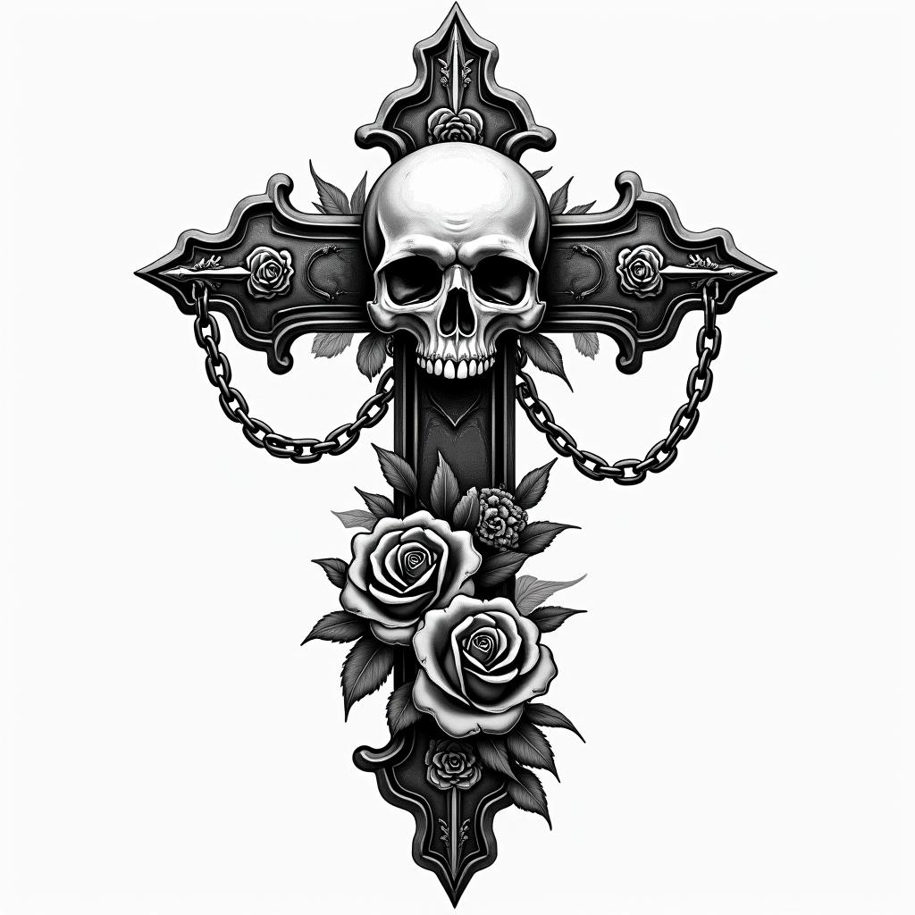 I am a Gemini and have a 6 year old daughter.in chicano style tattoo, featuring intricate black and grey shading, bold elements of traditional chicano culture symbols, add a big cross with skull, chains and roses