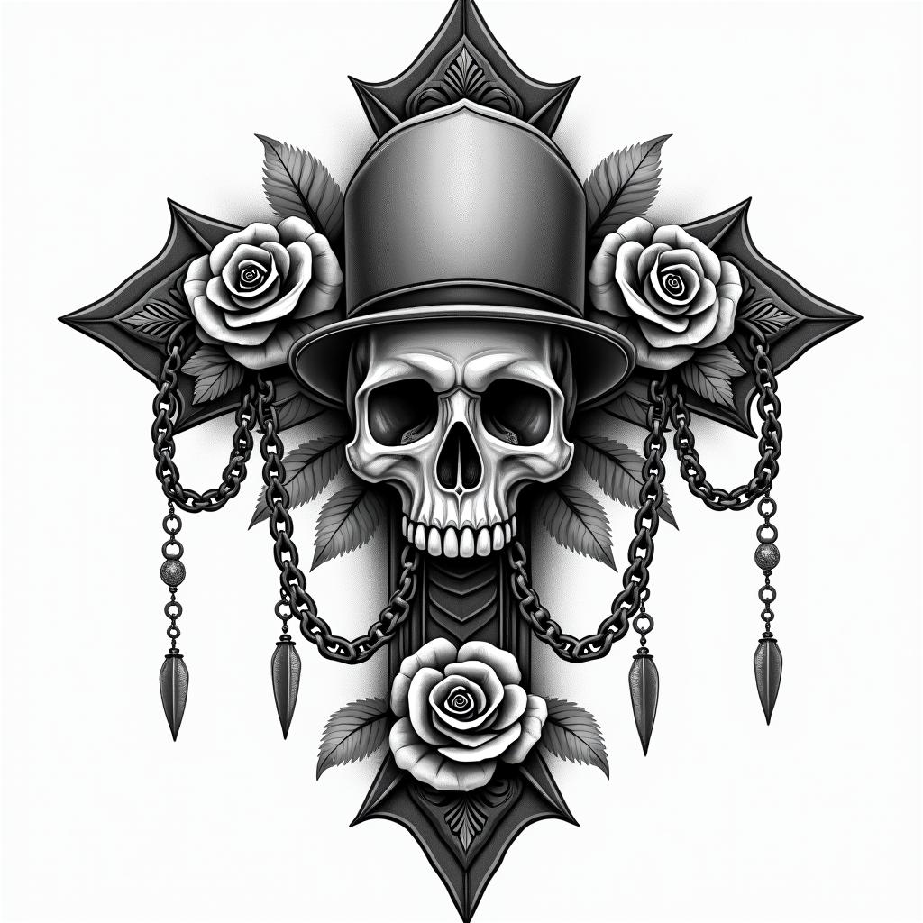 I am a Gemini and have a 6 year old daughter.in chicano style tattoo, featuring intricate black and grey shading, bold elements of traditional chicano culture symbols, add a big cross with skull, chains and roses - Variation 3