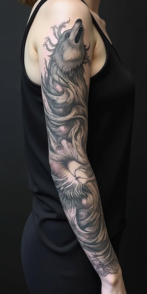 arm cover up, mix of wolf and phoenixin japanese style tattoo, detailed tattoo, traditional japanese culture tattoo, mythology, 8k - Variation 3