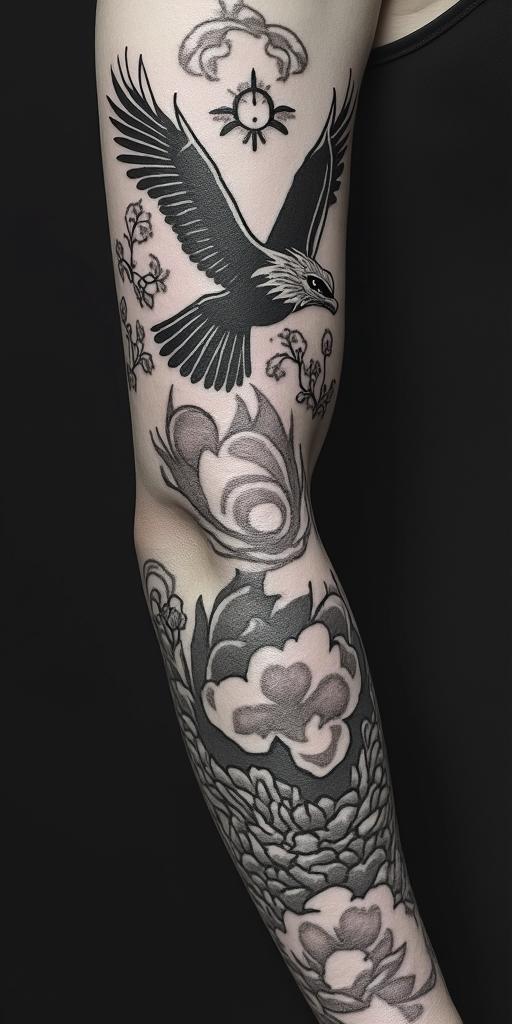 arm cover up, mix of wolf and phoenixin japanese style tattoo, detailed tattoo, traditional japanese culture tattoo, mythology, 8k