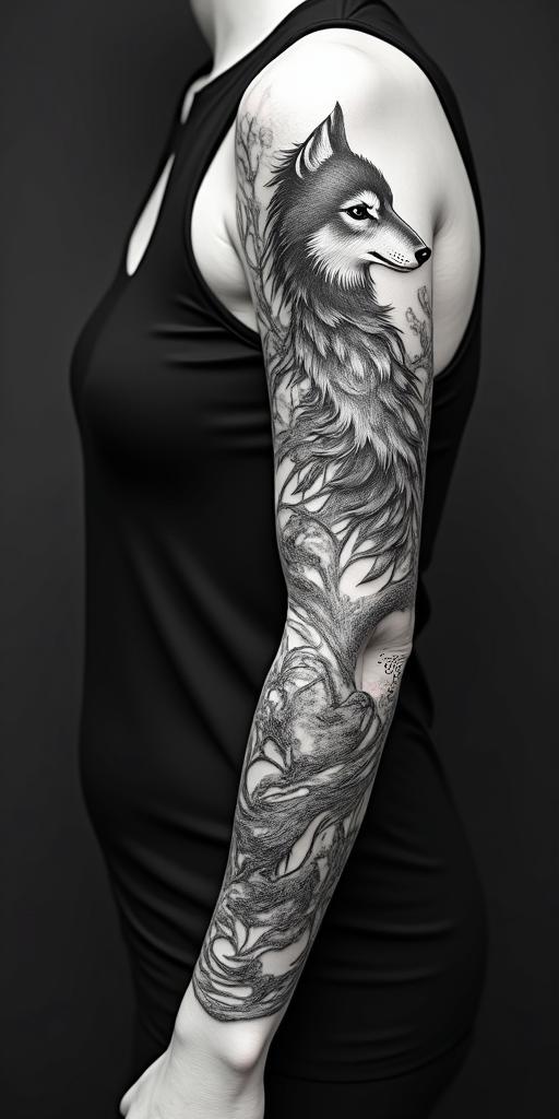 arm cover up, mix of wolf and phoenixin japanese style tattoo, detailed tattoo, traditional japanese culture tattoo, mythology, 8k - Variation 2