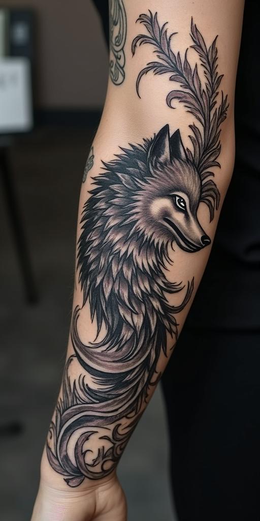 arm cover up, mix of wolf and phoenixin japanese style tattoo, detailed tattoo, traditional japanese culture tattoo, mythology, 8k - Variation 4
