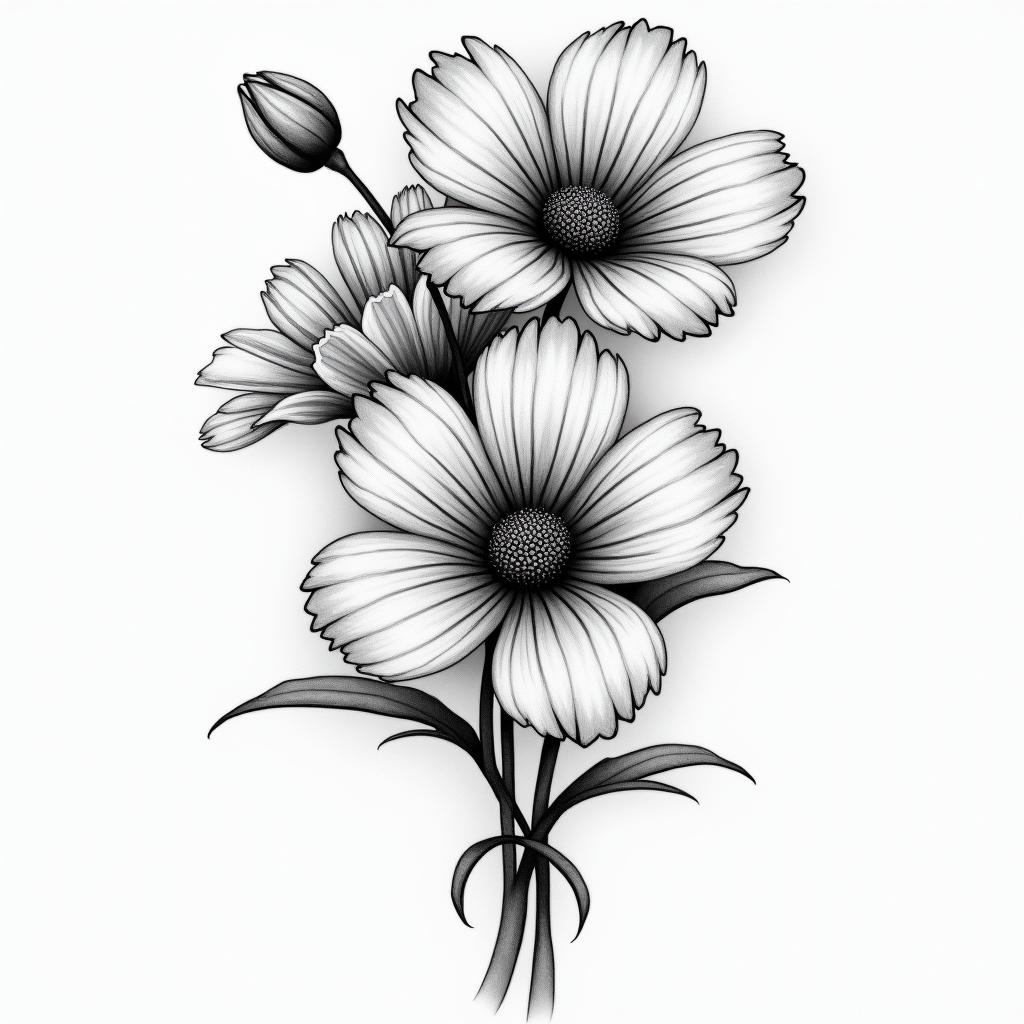 I want the tattoo “no rain no flowers” theme. but no words. I want the flowers to be cosmos and chrysanthemumin portrait tattoo style, featuring a highly realistic and detailed depiction - Variation 2