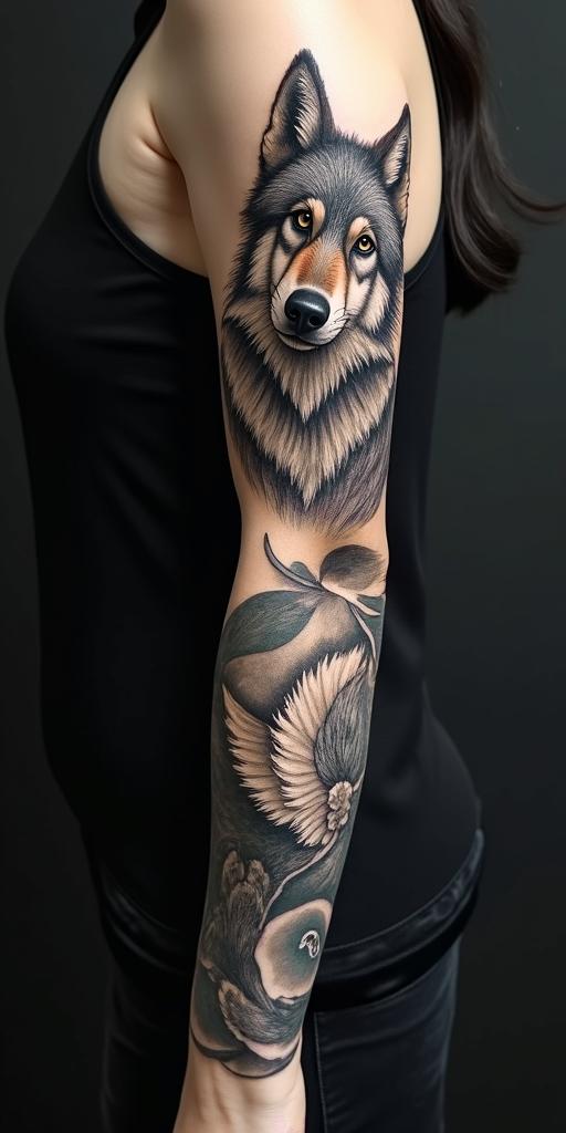 arm cover up, mix of wolf and phoenixin portrait tattoo style, featuring a highly realistic and detailed depiction - Variation 7
