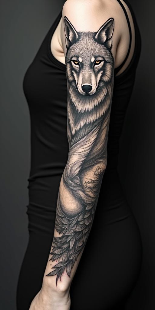 arm cover up, mix of wolf and phoenixin portrait tattoo style, featuring a highly realistic and detailed depiction - Variation 5