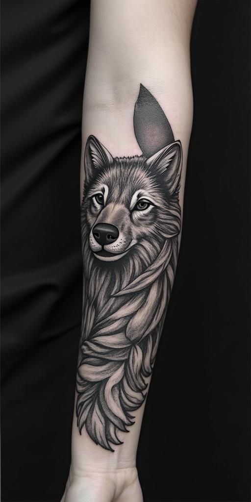 arm cover up, mix of wolf and phoenixin portrait tattoo style, featuring a highly realistic and detailed depiction - Variation 6