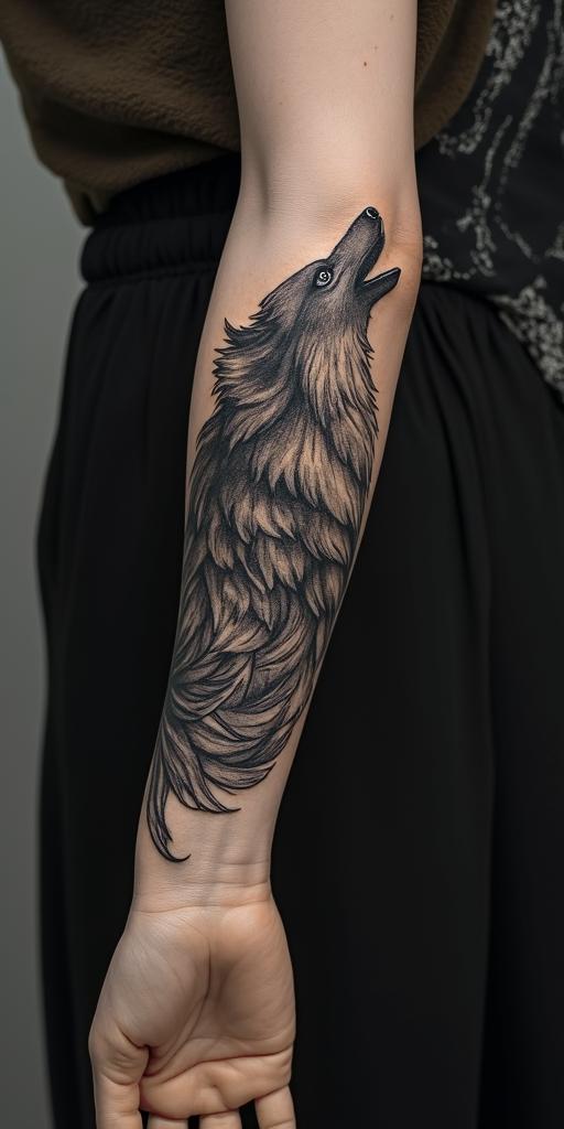 arm cover up, mix of wolf and phoenixin portrait tattoo style, featuring a highly realistic and detailed depiction - Variation 4