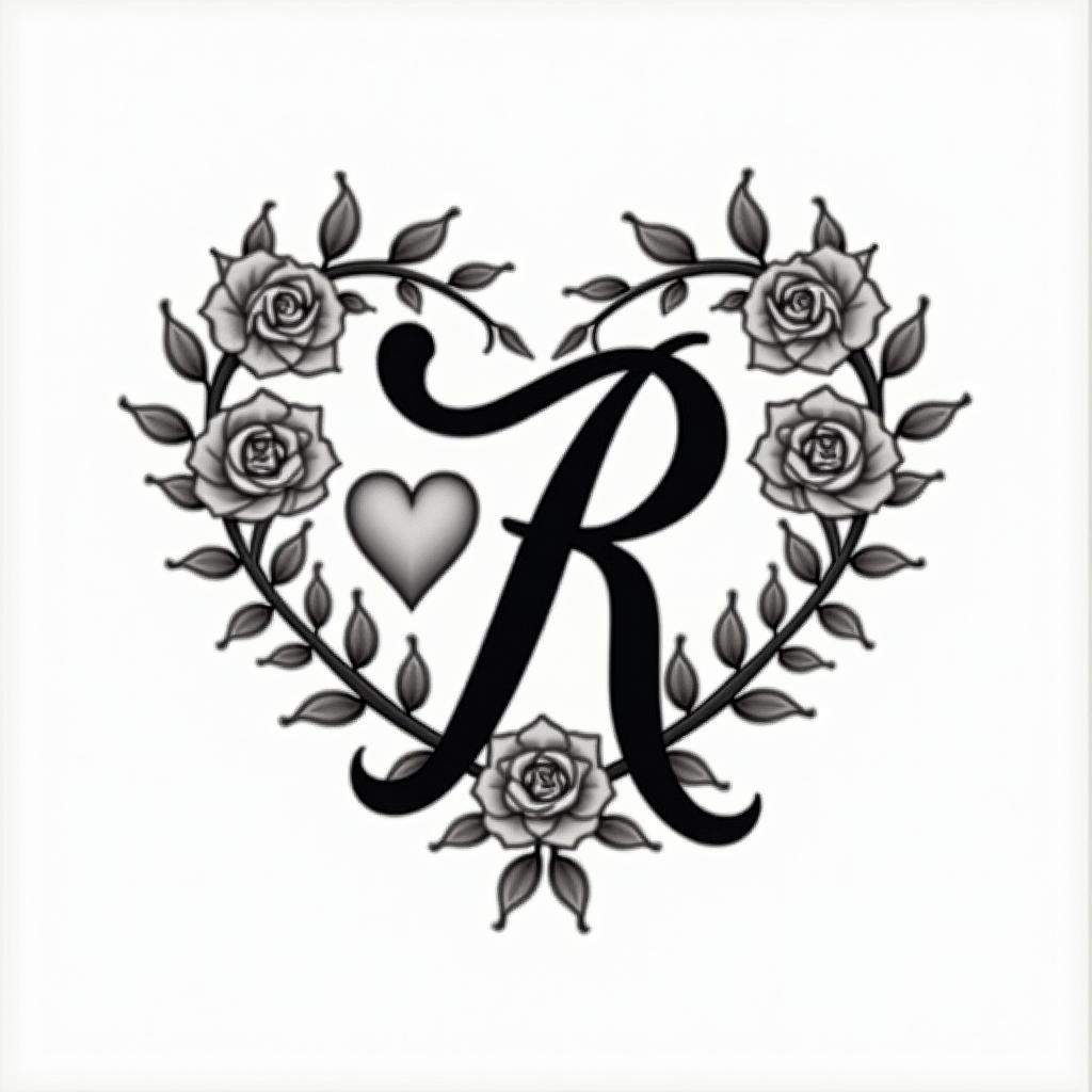 I want a heart with the letter R.in elegant cursive calligraphy style 2d tattoo, decorate with roses, featuring a smooth and flowing handwritten script with slightly thickened strokes for a luxurious and bold appearance, heart symbol between names, sleek and glossy black text with shadowing, minimalist matte white background, clean and sharp edges, illuminated with soft lighting, romantic, 8k, high-quality textures with refined typography - Variation 4