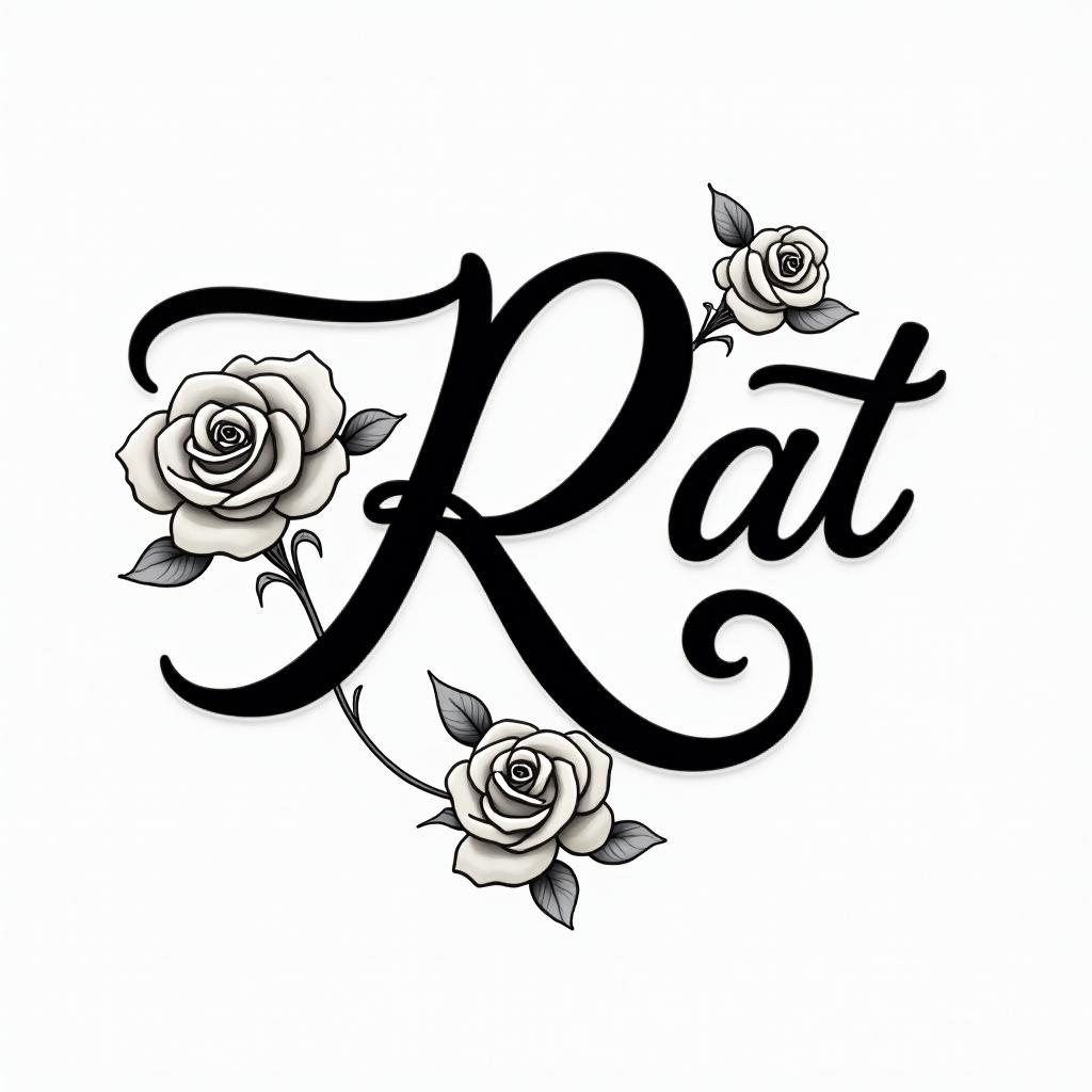 I want a heart with the letter R.in elegant cursive calligraphy style 2d tattoo, decorate with roses, featuring a smooth and flowing handwritten script with slightly thickened strokes for a luxurious and bold appearance, heart symbol between names, sleek and glossy black text with shadowing, minimalist matte white background, clean and sharp edges, illuminated with soft lighting, romantic, 8k, high-quality textures with refined typography