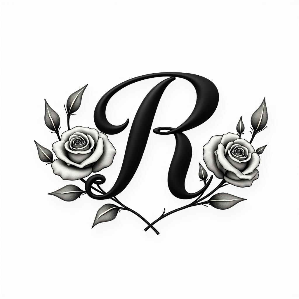I want a heart with the letter R.in elegant cursive calligraphy style 2d tattoo, decorate with roses, featuring a smooth and flowing handwritten script with slightly thickened strokes for a luxurious and bold appearance, heart symbol between names, sleek and glossy black text with shadowing, minimalist matte white background, clean and sharp edges, illuminated with soft lighting, romantic, 8k, high-quality textures with refined typography - Variation 3