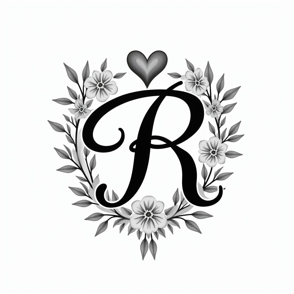 I want a heart with the letter R.in elegant cursive calligraphy style 2d tattoo, decorate with roses, featuring a smooth and flowing handwritten script with slightly thickened strokes for a luxurious and bold appearance, heart symbol between names, sleek and glossy black text with shadowing, minimalist matte white background, clean and sharp edges, illuminated with soft lighting, romantic, 8k, high-quality textures with refined typography - Variation 2