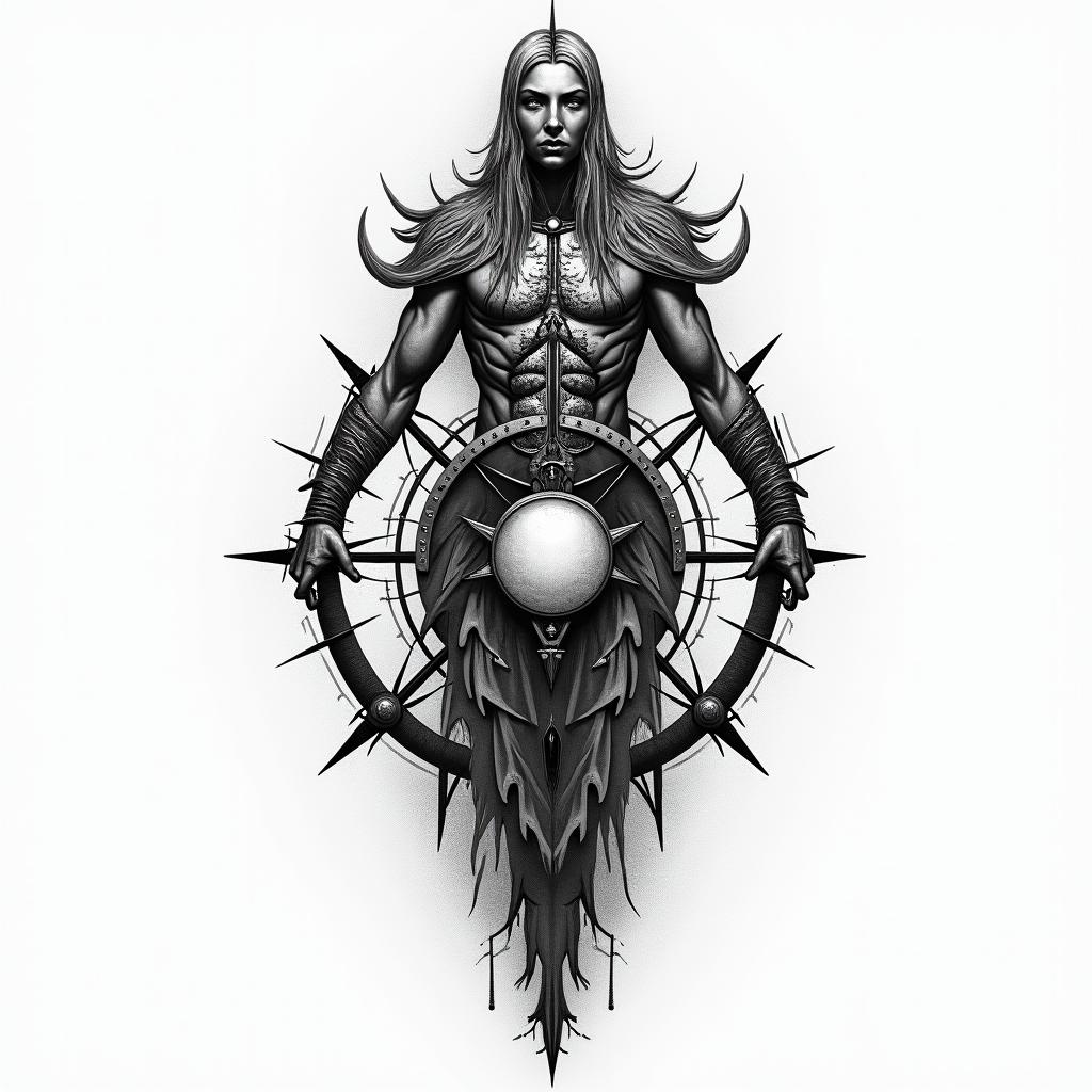 rage, warriorin paganic style tattoo, featuring ancient symbols, add vegvisir symbol, mystical figures, incorporating designs, pentagrams, runes, crescent moons, - Variation 5