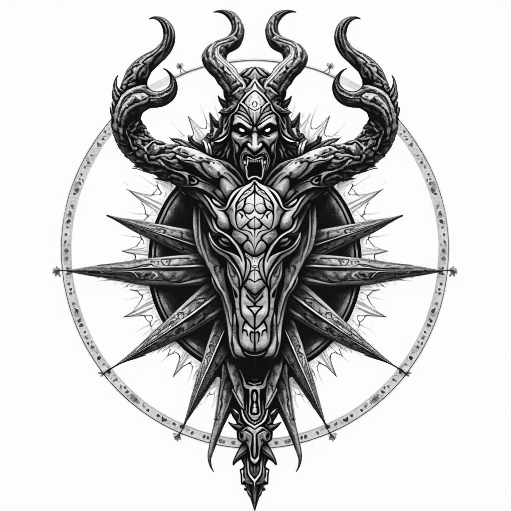 rage, warriorin paganic style tattoo, featuring ancient symbols, add vegvisir symbol, mystical figures, incorporating designs, pentagrams, runes, crescent moons, - Variation 8