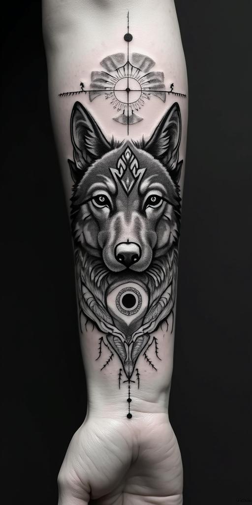 arm cover up, mix of wolf and phoenixin prophecy tattoo style, featuring mystical symbols, celestial imagery like stars, moons, suns, geometric patterns, foretelling elements, an eye of wisdom - Variation 3