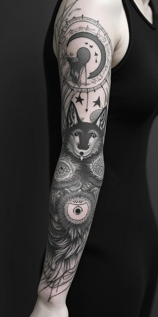 arm cover up, mix of wolf and phoenixin prophecy tattoo style, featuring mystical symbols, celestial imagery like stars, moons, suns, geometric patterns, foretelling elements, an eye of wisdom - Variation 2