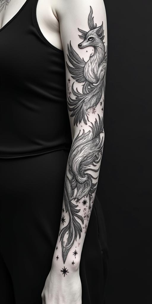 arm cover up, mix of wolf and phoenixin prophecy tattoo style, featuring mystical symbols, celestial imagery like stars, moons, suns, geometric patterns, foretelling elements, an eye of wisdom - Variation 4
