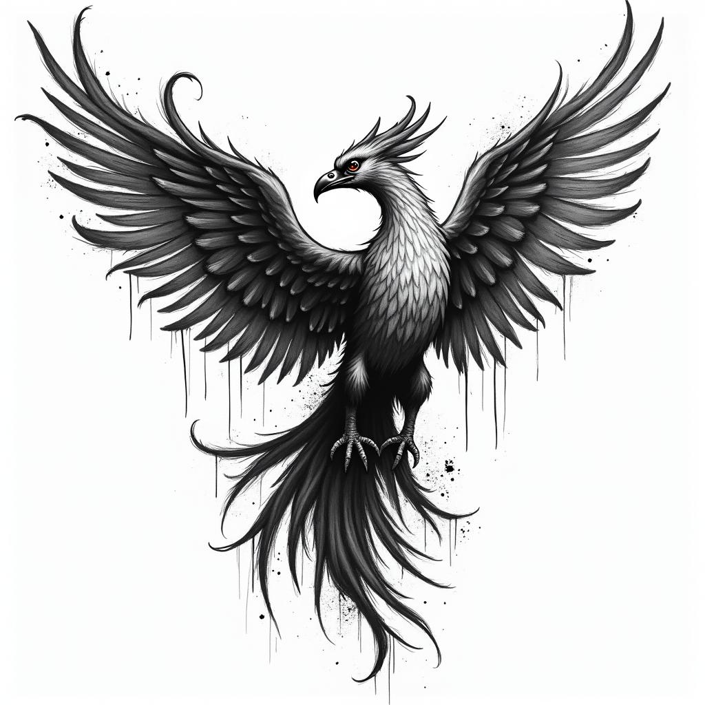 Phoenix risingin graffiti style tattoo, featuring bold and dynamic street art elements, spray-paint texture with exaggerated lines and expressive, chaotic brushstrokes, intricate lettering incorporated with graffiti tags, symbols like hearts, stars, and wings - Variation 4