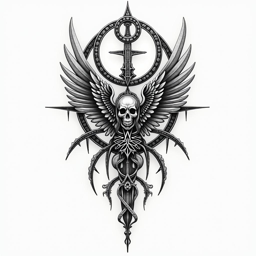 Compasin paganic style tattoo, featuring ancient symbols, add vegvisir symbol, mystical figures, incorporating designs, pentagrams, runes, crescent moons, - Variation 2