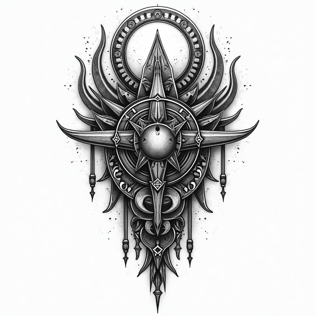 Compasin paganic style tattoo, featuring ancient symbols, add vegvisir symbol, mystical figures, incorporating designs, pentagrams, runes, crescent moons, - Variation 3