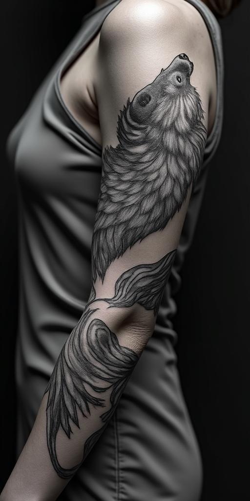 arm cover up, mix of wolf and phoenixin portrait tattoo style, featuring a highly realistic and detailed depiction - Variation 2