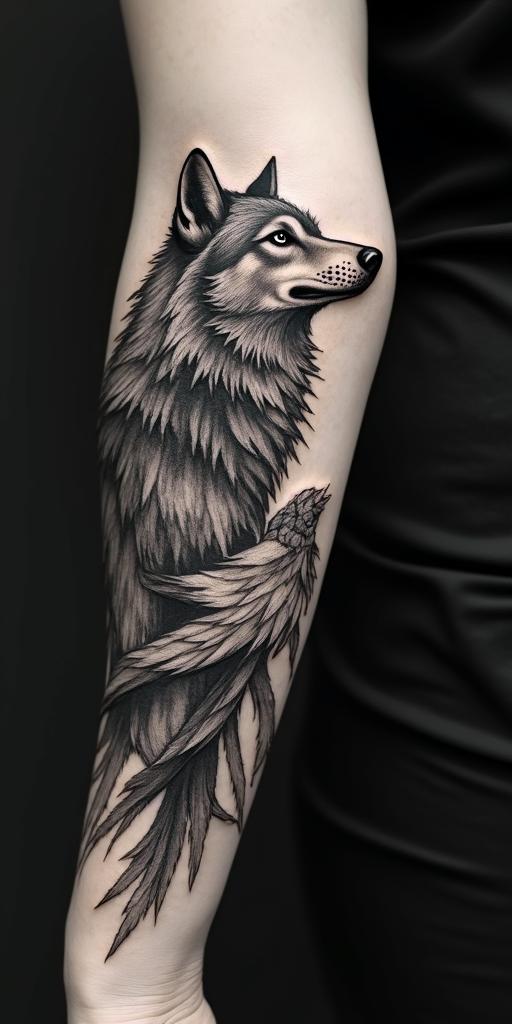 arm cover up, mix of wolf and phoenixin portrait tattoo style, featuring a highly realistic and detailed depiction
