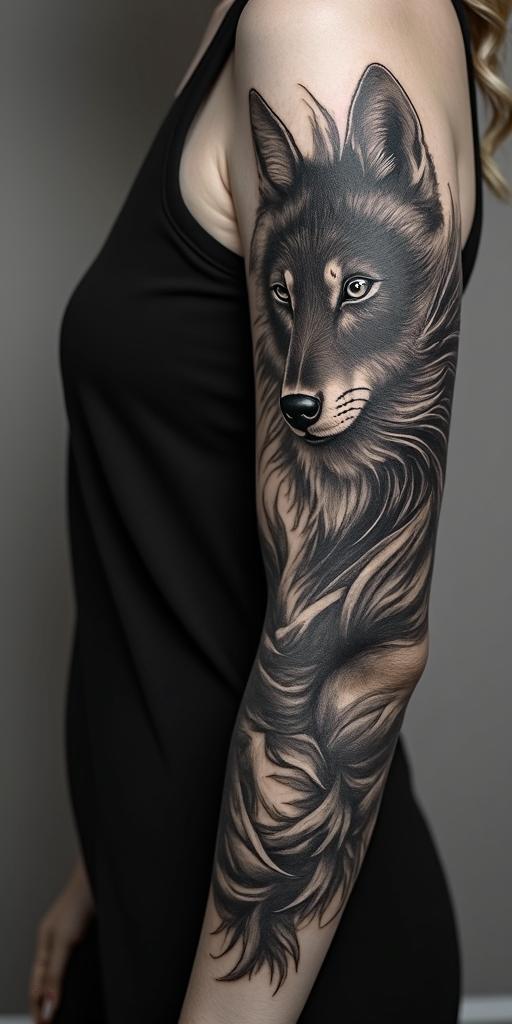 arm cover up, mix of wolf and phoenixin portrait tattoo style, featuring a highly realistic and detailed depiction - Variation 3
