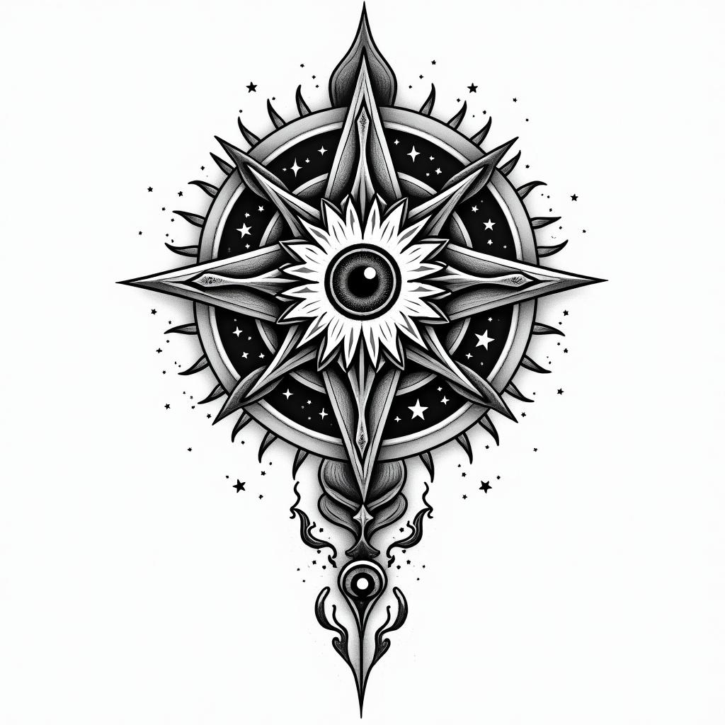 Compasin prophecy tattoo style, featuring mystical symbols, celestial imagery like stars, moons, suns, geometric patterns, foretelling elements, an eye of wisdom - Variation 4