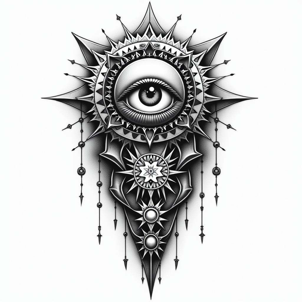 Compasin prophecy tattoo style, featuring mystical symbols, celestial imagery like stars, moons, suns, geometric patterns, foretelling elements, an eye of wisdom - Variation 3