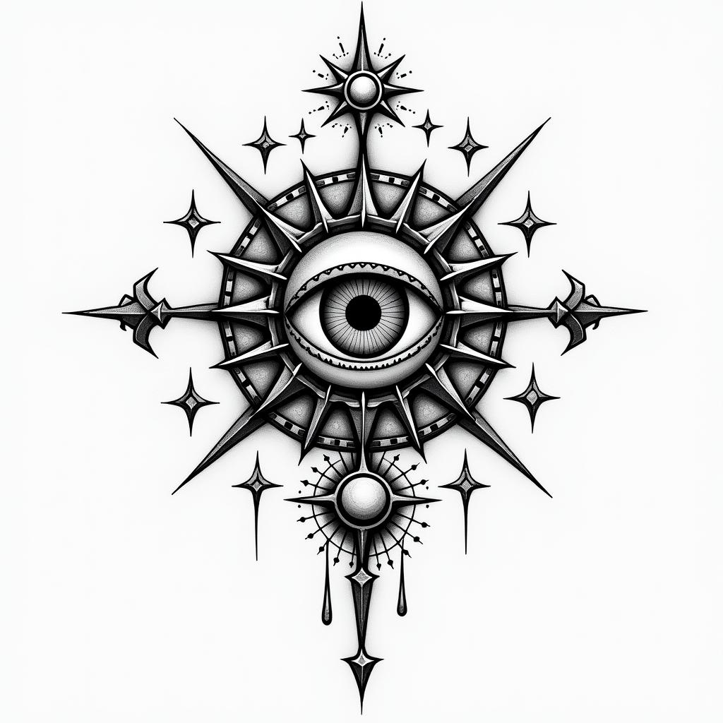 Compasin prophecy tattoo style, featuring mystical symbols, celestial imagery like stars, moons, suns, geometric patterns, foretelling elements, an eye of wisdom