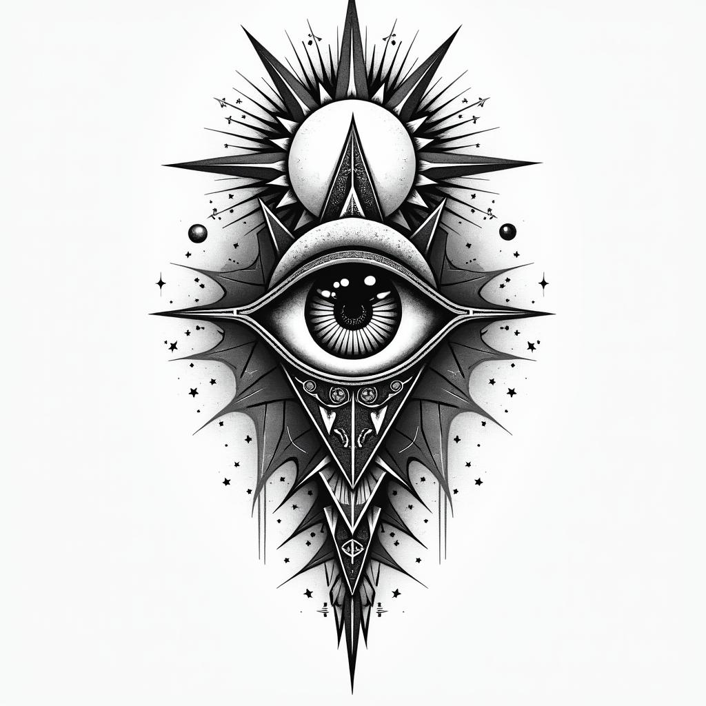 Compasin prophecy tattoo style, featuring mystical symbols, celestial imagery like stars, moons, suns, geometric patterns, foretelling elements, an eye of wisdom - Variation 2