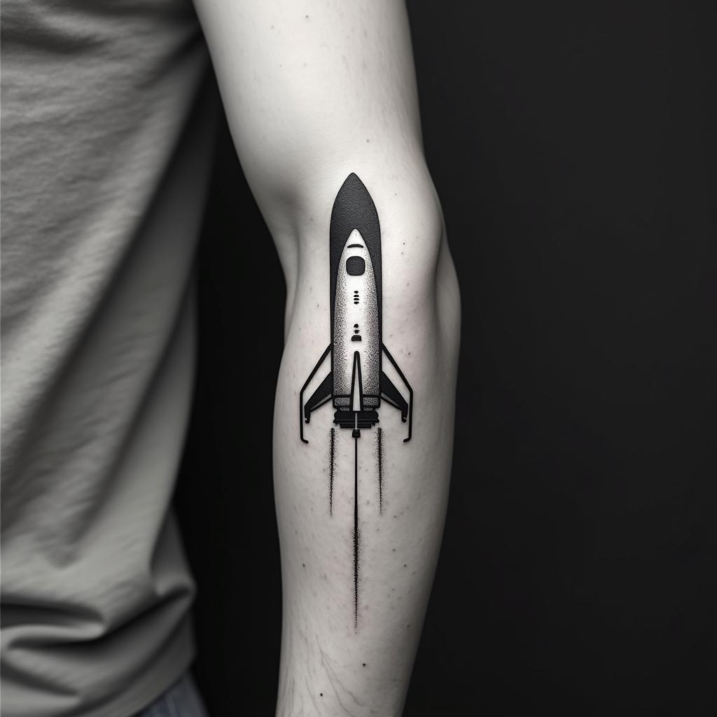 Space shuttlein minimalist style tattoo, featuring simple shapes and fine lines, with minimal shading and details, tiny triangles, creating a sense of balance and harmony - Variation 2