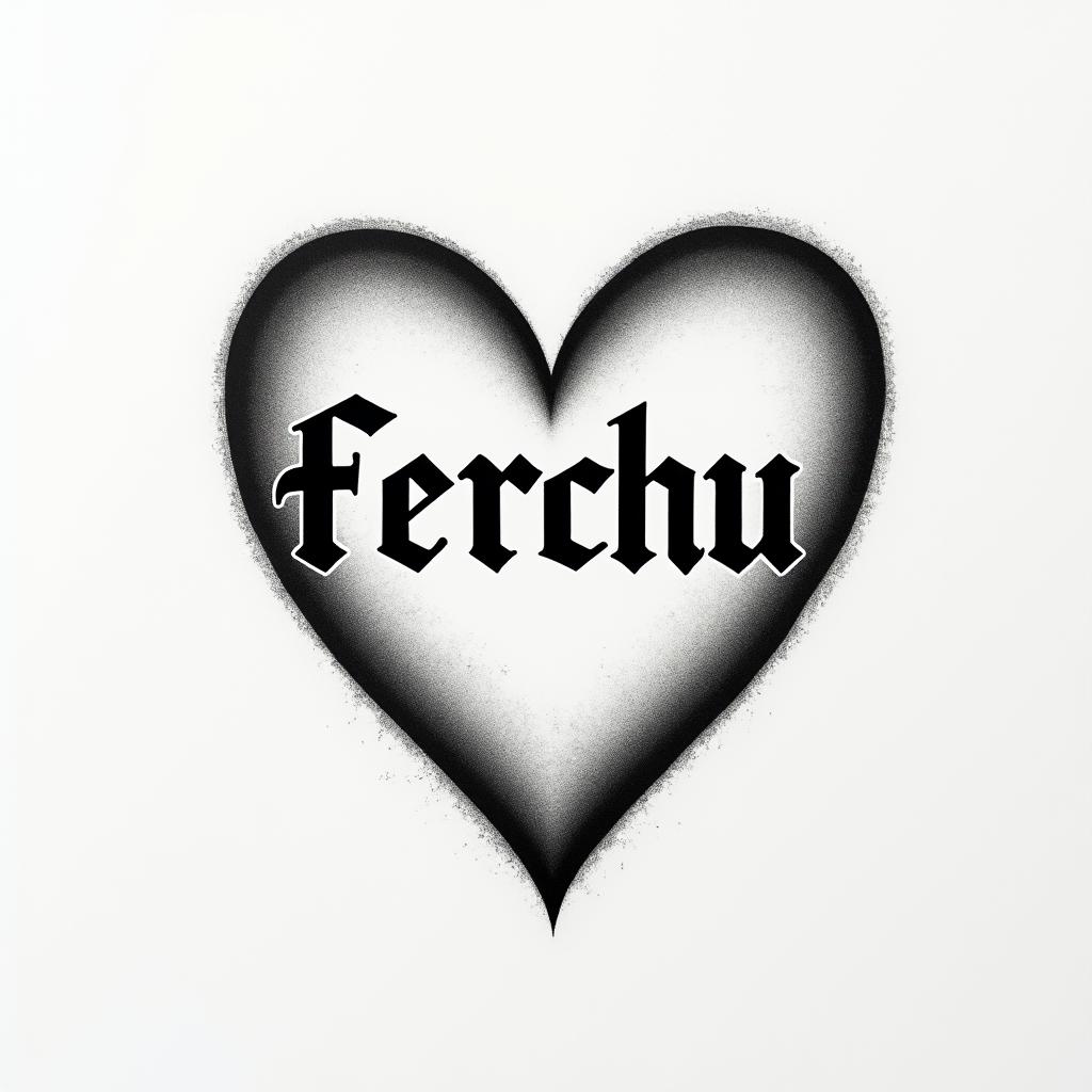 Word Ferchu and a black heartminimalist text-based tattoo, Monospace font ultra-realistic, perfectly placed, high-quality font design, photo-realistic shading, 8k, high quality, finely detailed typograph