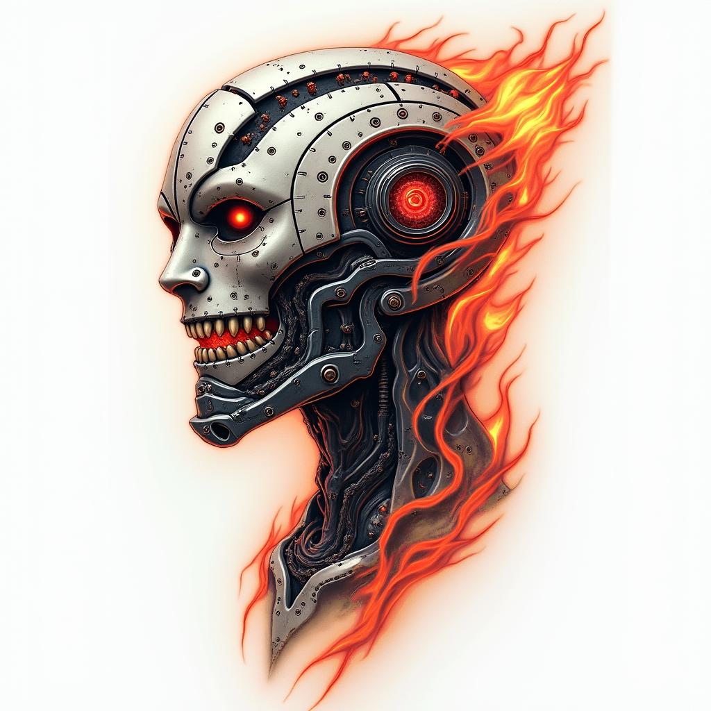 Warhammer 40 000 chaos flametattoo in biomechanic style, the tattoo covered by robotic elements of futuristic cyberpunk design, robotic features detail, showcasing intricate mechanical components