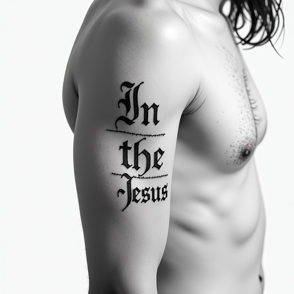 In the arm of Jesustext-based tattoo, japanese font ultra-realistic, perfectly placed, high-quality font design, photo-realistic shading, 8k, high quality, finely detailed typograph - Variation 4
