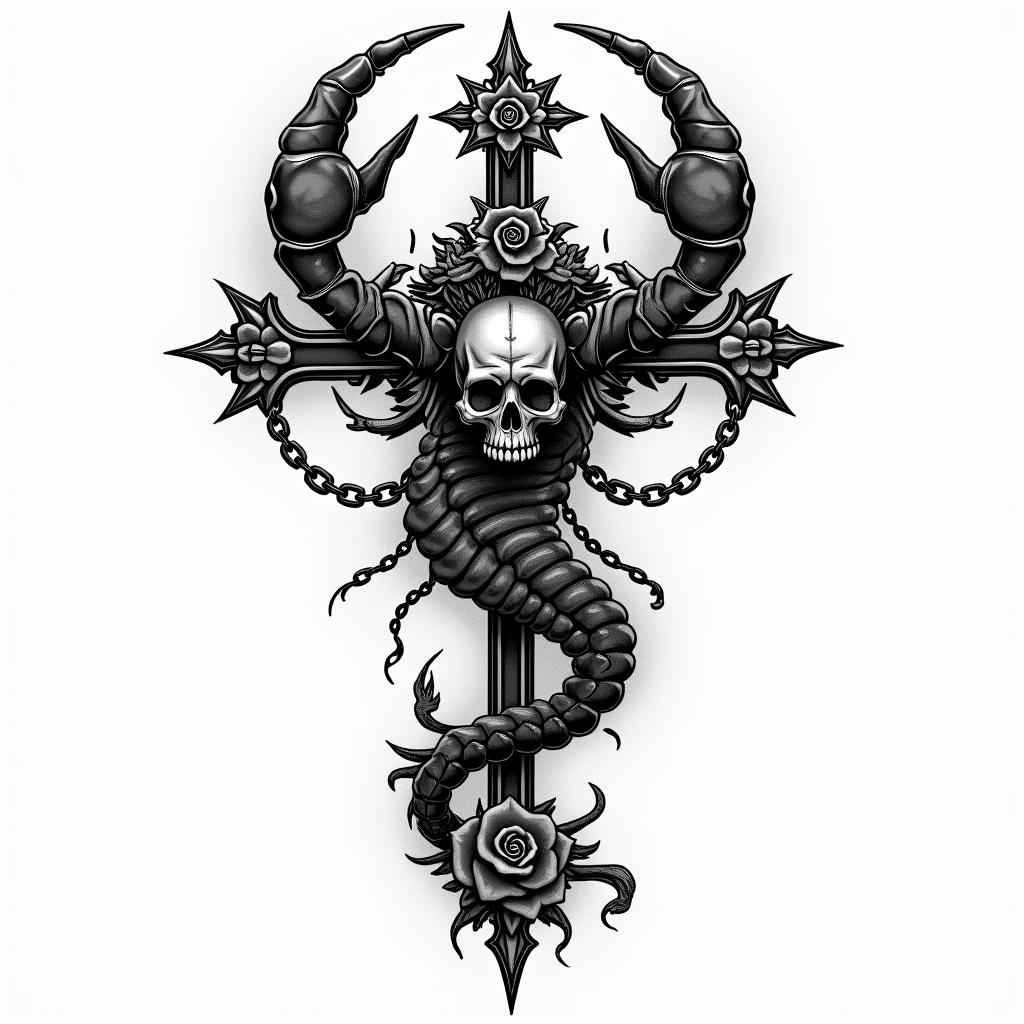 Scorpioin chicano style tattoo, featuring intricate black and grey shading, bold elements of traditional chicano culture symbols, add a big cross with skull, chains and roses - Variation 2