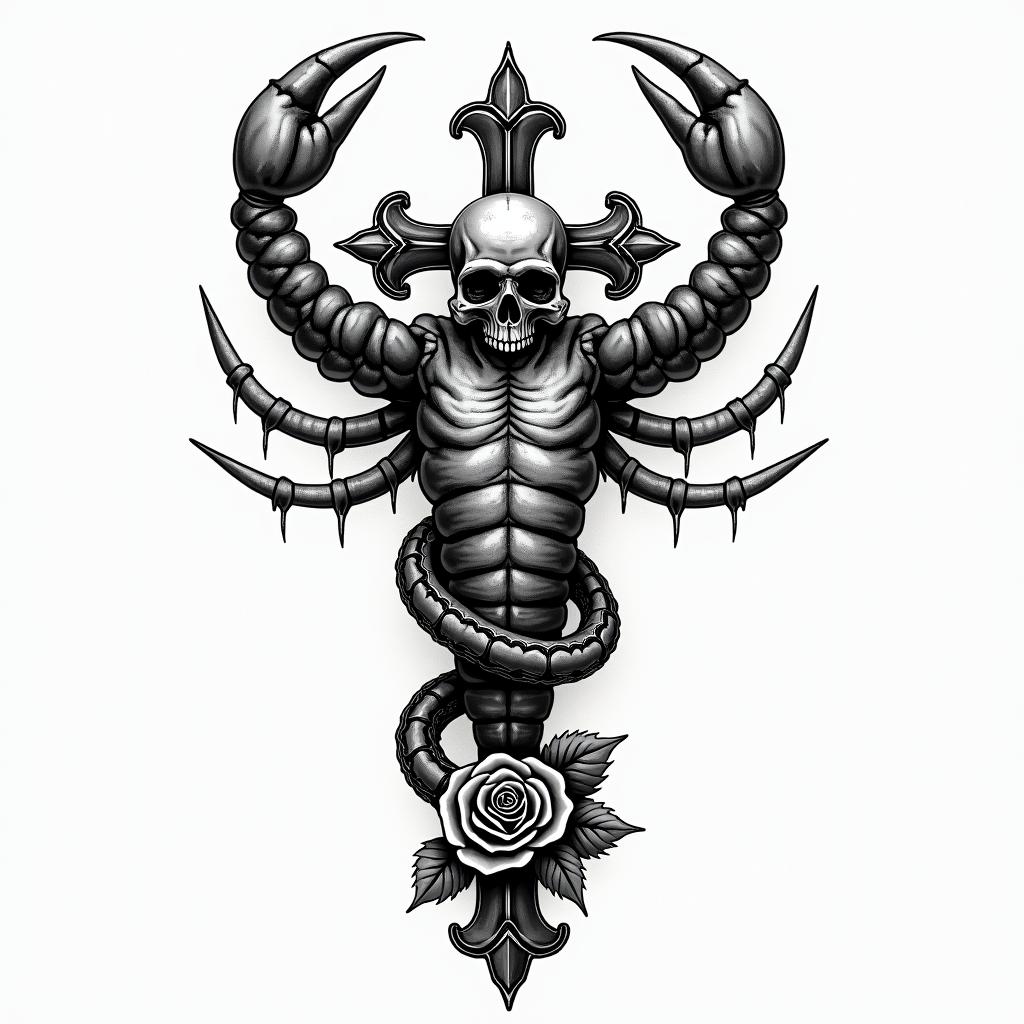 Scorpioin chicano style tattoo, featuring intricate black and grey shading, bold elements of traditional chicano culture symbols, add a big cross with skull, chains and roses