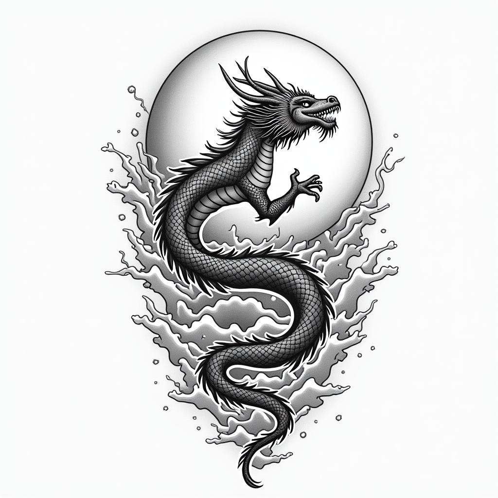 Flowing water, enlightened soul,  moon,dragon, 88, cosmic vibration, strength, love, time, infinite, watching, chakrain new school tattoo, pop culture, modern, detailed tattoo, illustrative - Variation 4