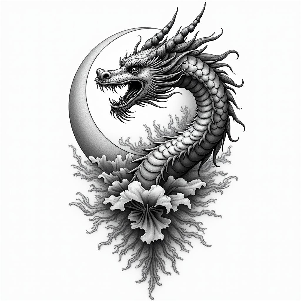 Flowing water, enlightened soul,  moon,dragon, 88, cosmic vibration, strength, love, time, infinite, watching, chakrain new school tattoo, pop culture, modern, detailed tattoo, illustrative