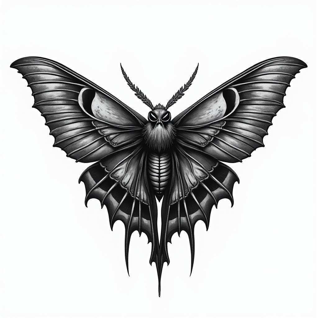 Luna moth with infinity symbol in the middle in horror tattoo style, showcasing haunting and unsettling, dark and gritty textures with skulls, eerie faces, jgged designs, bold and intense shading