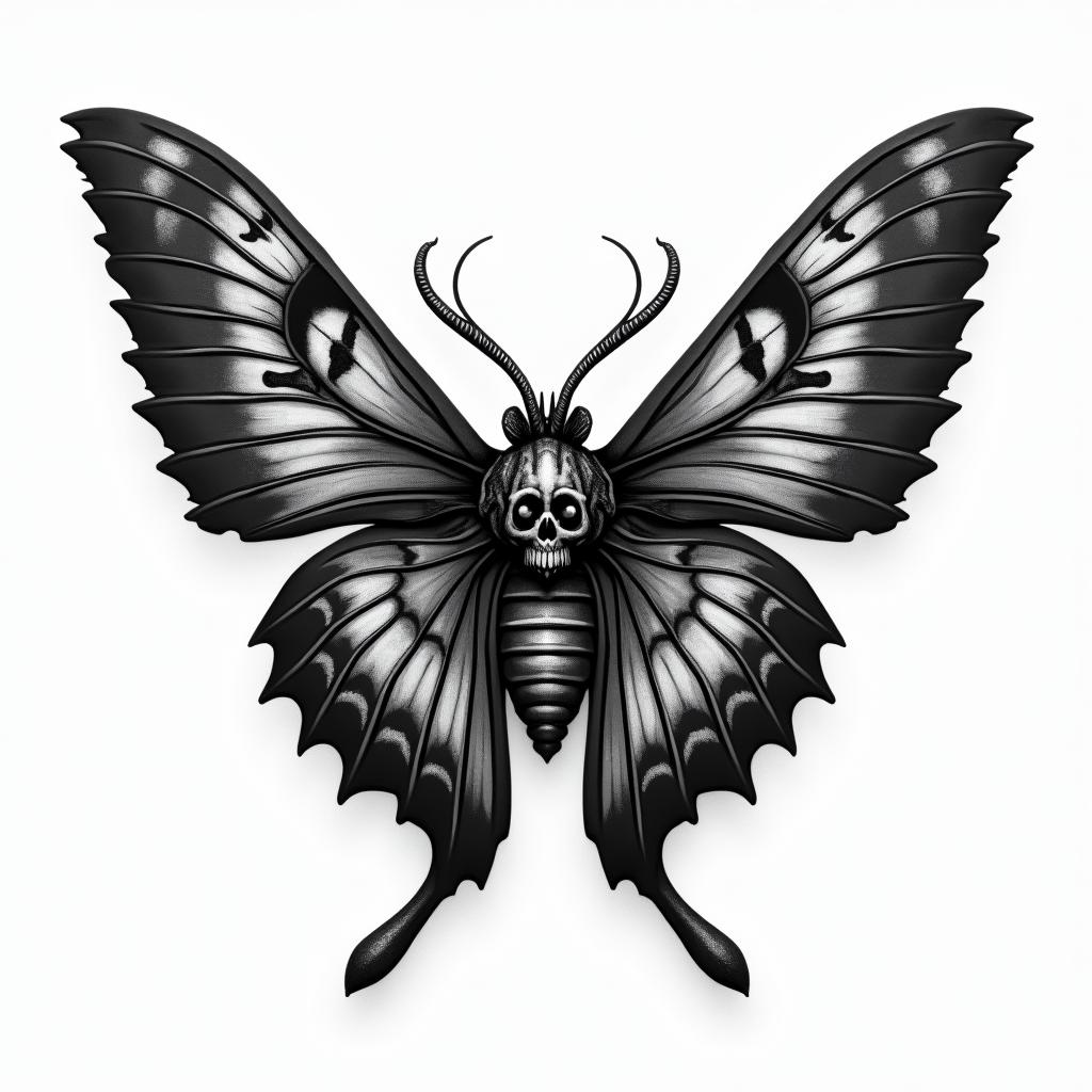 Luna moth with infinity symbol in the middle in horror tattoo style, showcasing haunting and unsettling, dark and gritty textures with skulls, eerie faces, jgged designs, bold and intense shading - Variation 3