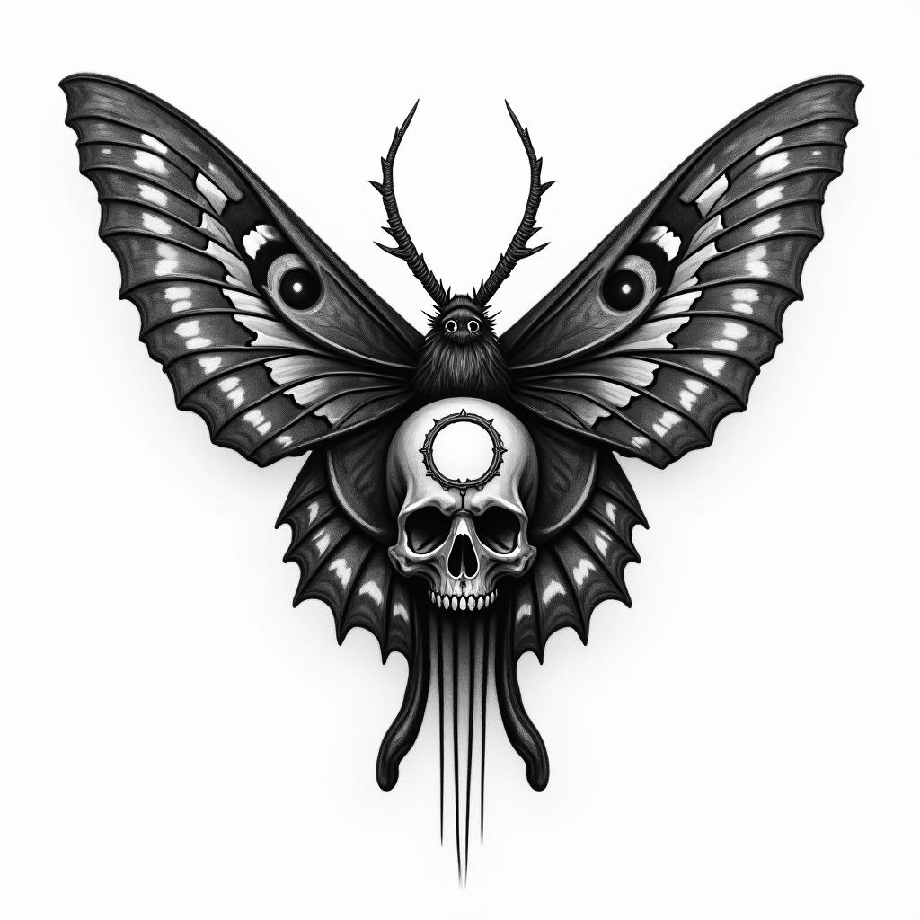 Luna moth with infinity symbol in the middle in horror tattoo style, showcasing haunting and unsettling, dark and gritty textures with skulls, eerie faces, jgged designs, bold and intense shading - Variation 4