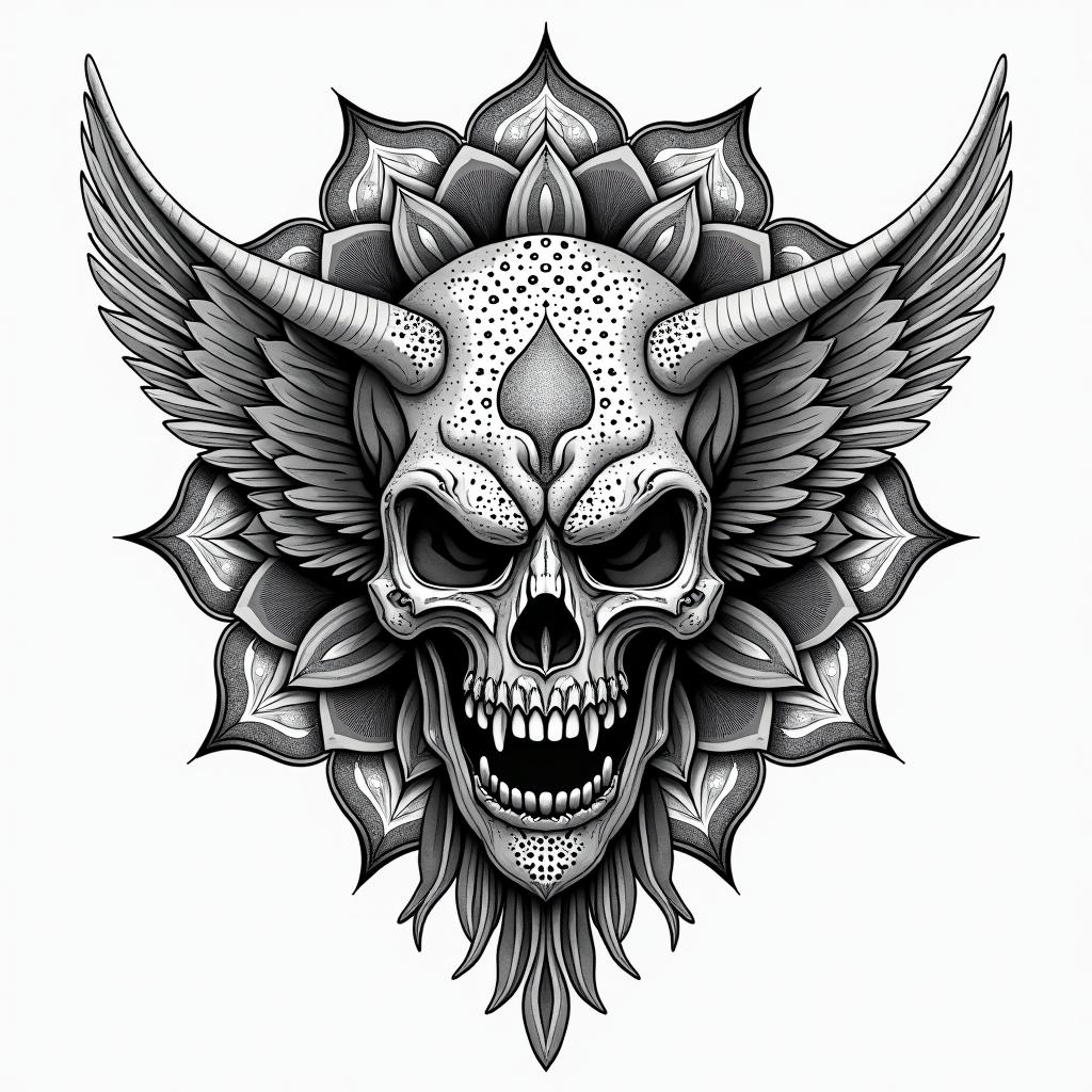 rage, warriorin dotwork style tattoo, complex mandala patterns, interlocking geometric shapes with sharp symmetry, clean lines, sharp angles - Variation 4