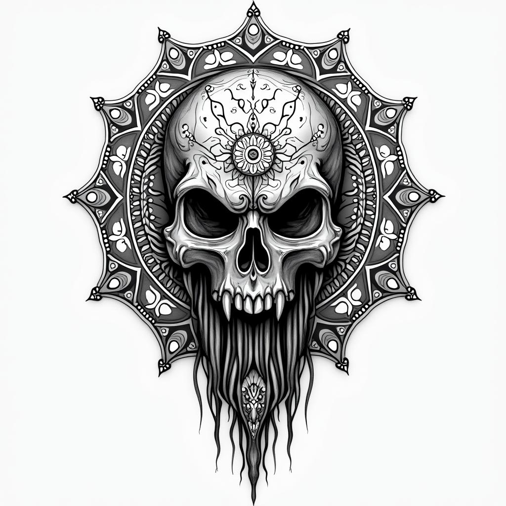 rage, warriorin dotwork style tattoo, complex mandala patterns, interlocking geometric shapes with sharp symmetry, clean lines, sharp angles