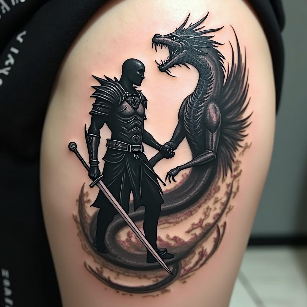 A tattoo piece that combines the essence of Dark Souls, showcasing a somber warrior silhouette battling a shadowy dragon, with intricate details.undefined
