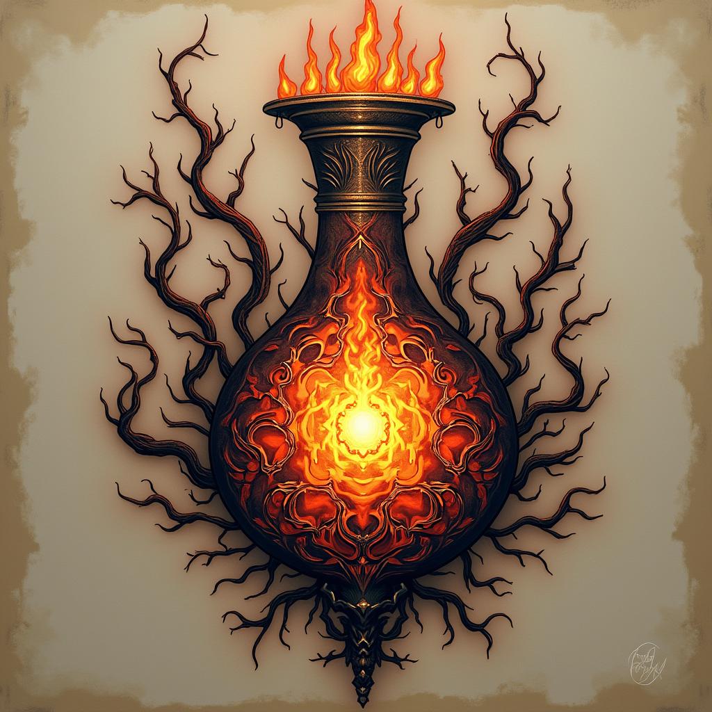 A stylized tattoo representing the Estus Flask from Dark Souls, surrounded by ethereal flames and twisted vines, in a dark fantasy art style.undefined