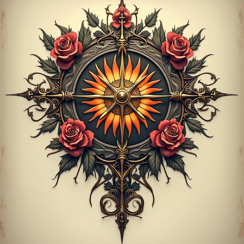 An elaborate tattoo design depicting the Sunlight Covenant crest from Dark Souls, intertwining with thorny roses and dark medieval motifs.undefined