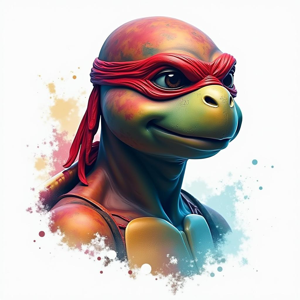 Red ninja turtle with watercolor backgroundin distorted and fragmented tattoo design, featuring a classical statue bust, in a glitch art style with vibrant, overlapping colors of cyan, magenta, and yellow, creating a digital distortion effect - Variation 4