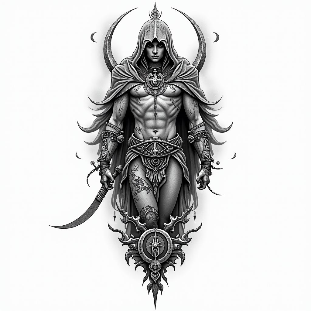 rage, warriorin paganic style tattoo, featuring ancient symbols, add vegvisir symbol, mystical figures, incorporating designs, pentagrams, runes, crescent moons, - Variation 4